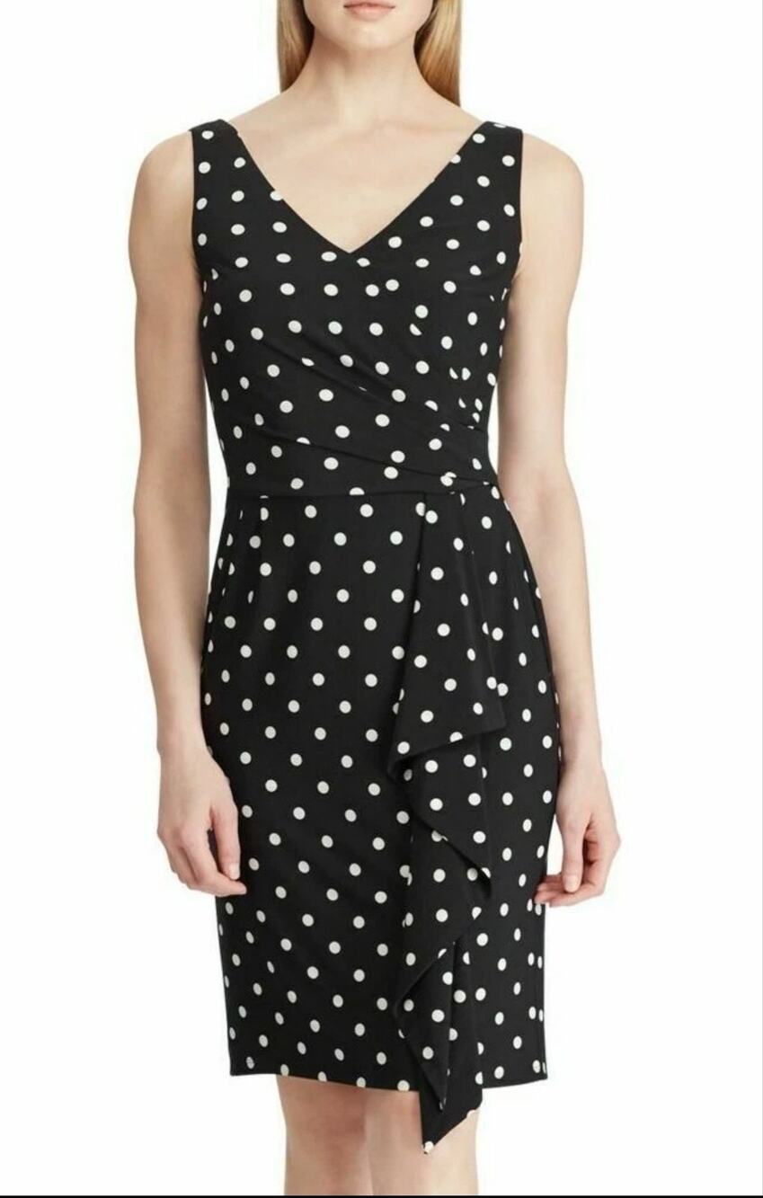 Lauren Ralph Lauren Black Polka-Dot Stretch Jersey Cascade Ruffle Dress Size 8